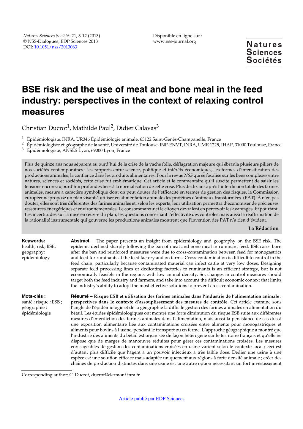 BSE Risk and the Use of Meat and Bone Meal in the Feed Industry: Perspectives in the Context of Relaxing Control Measures