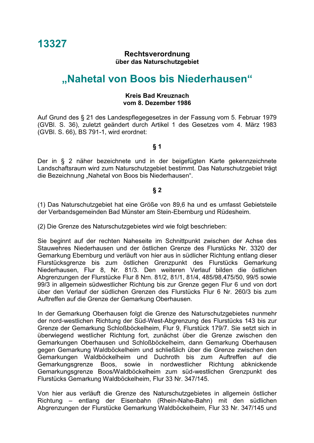 Rechtsverordnung "Nahetal Von Boos Bis Niederhausen"