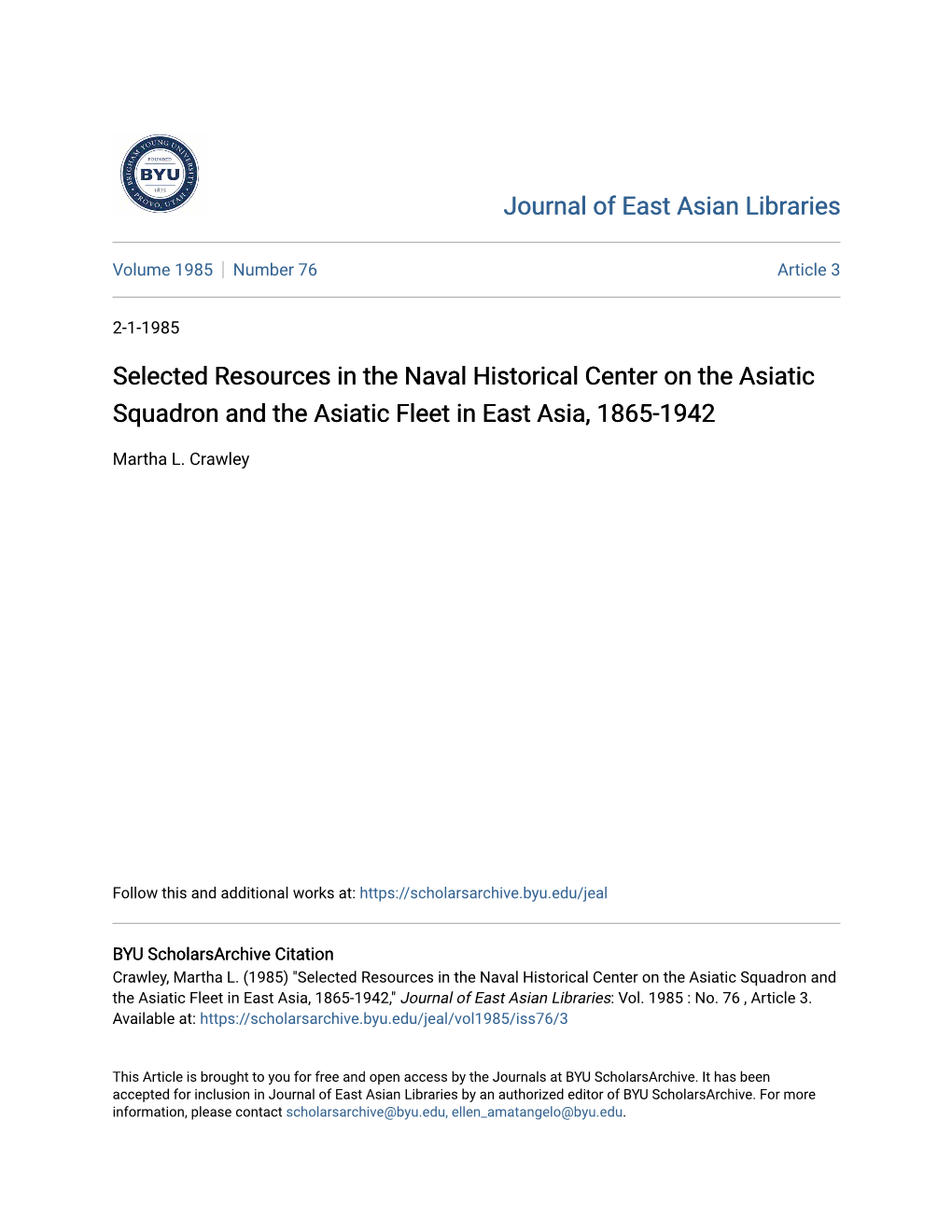 Selected Resources in the Naval Historical Center on the Asiatic Squadron and the Asiatic Fleet in East Asia, 1865-1942