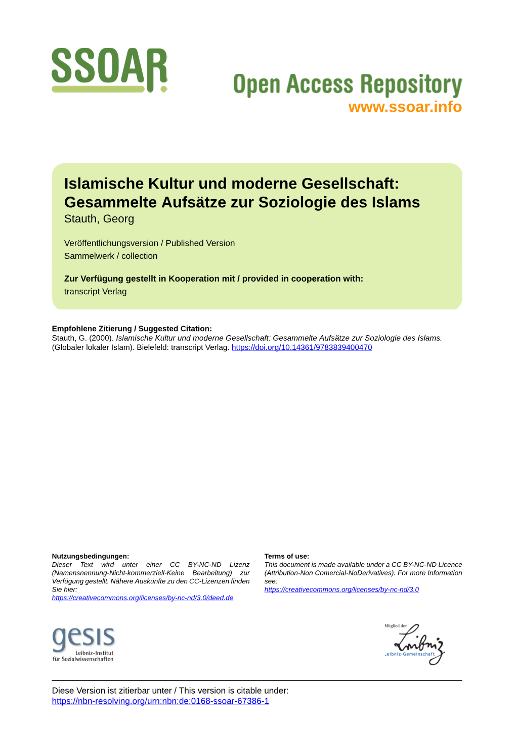 Islamische Kultur Und Moderne Gesellschaft: Gesammelte Aufsätze Zur Soziologie Des Islams Stauth, Georg