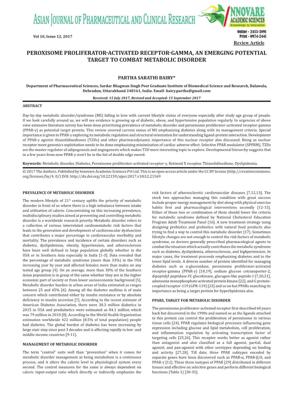 Peroxisome Proliferator-Activated Receptor-Gamma, an Emerging Potential Target to Combat Metabolic Disorder