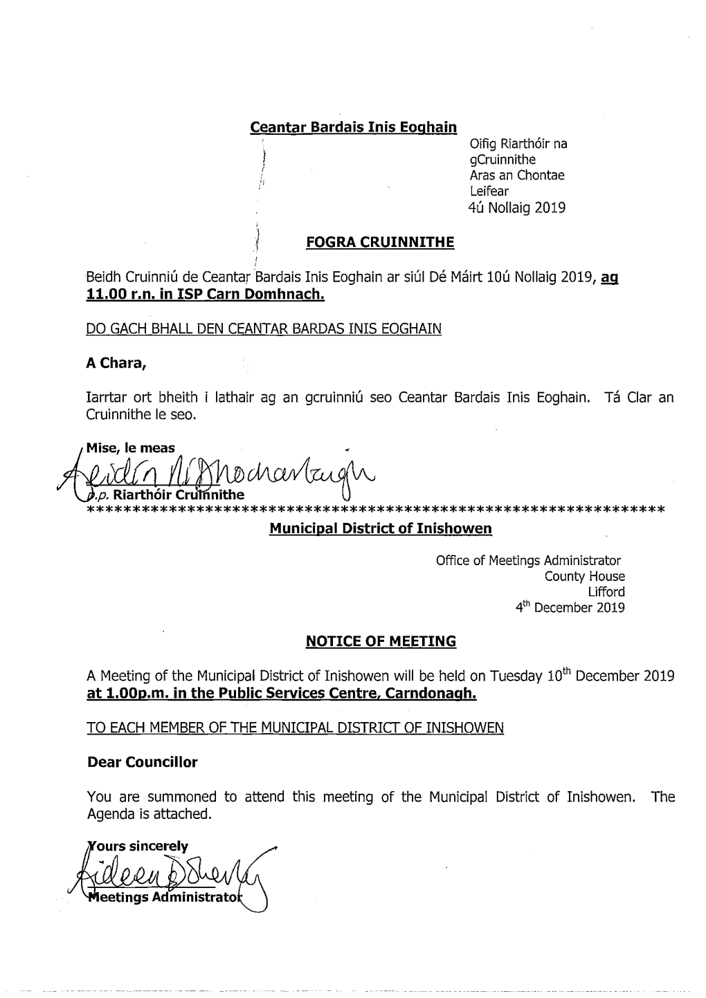 MINUTES of the INISHOWEN MUNICIPAL DISTRICT MEETING HELD in the PUBLIC SERVICES CENTRE, CARNDONAGH on THURSDAY 24TH OCTOBER 2019 at 1.00Pm