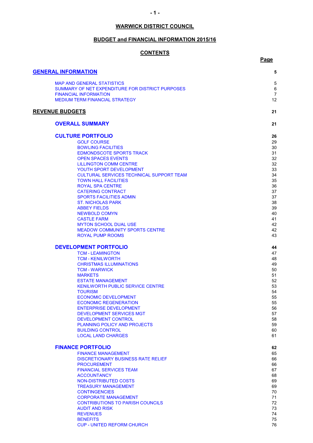 WARWICK DISTRICT COUNCIL BUDGET and FINANCIAL