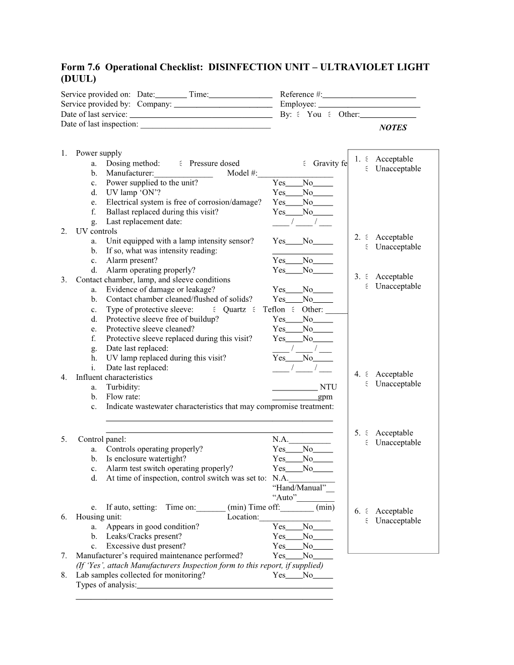 Form 7.6 Operational Checklist: DISINFECTION UNIT ULTRAVIOLET LIGHT (DUUL)