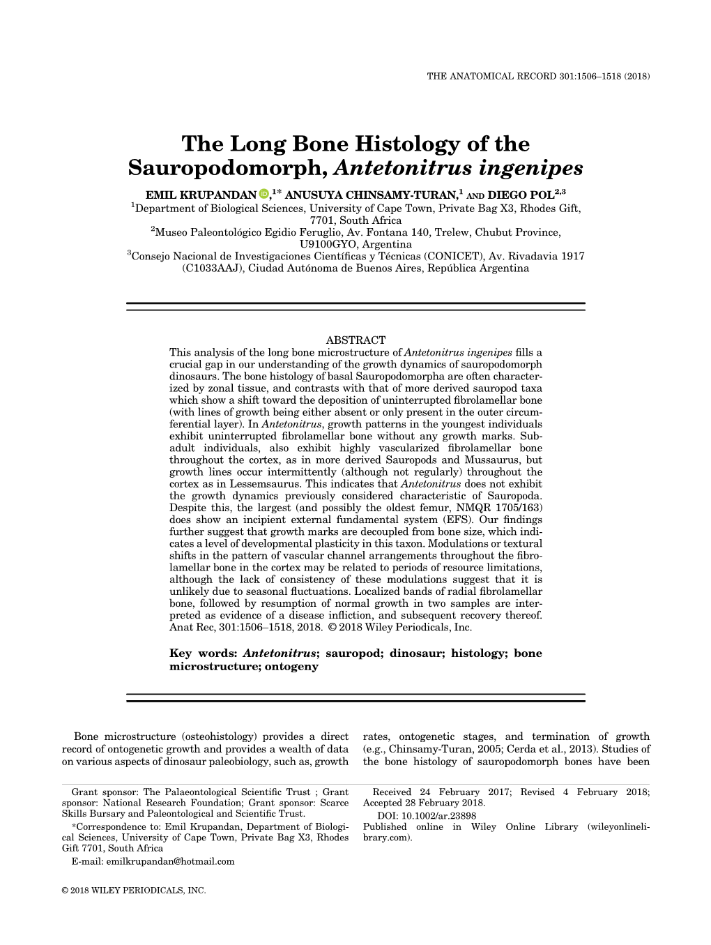 The Long Bone Histology of the Sauropodomorph, Antetonitrus Ingenipes