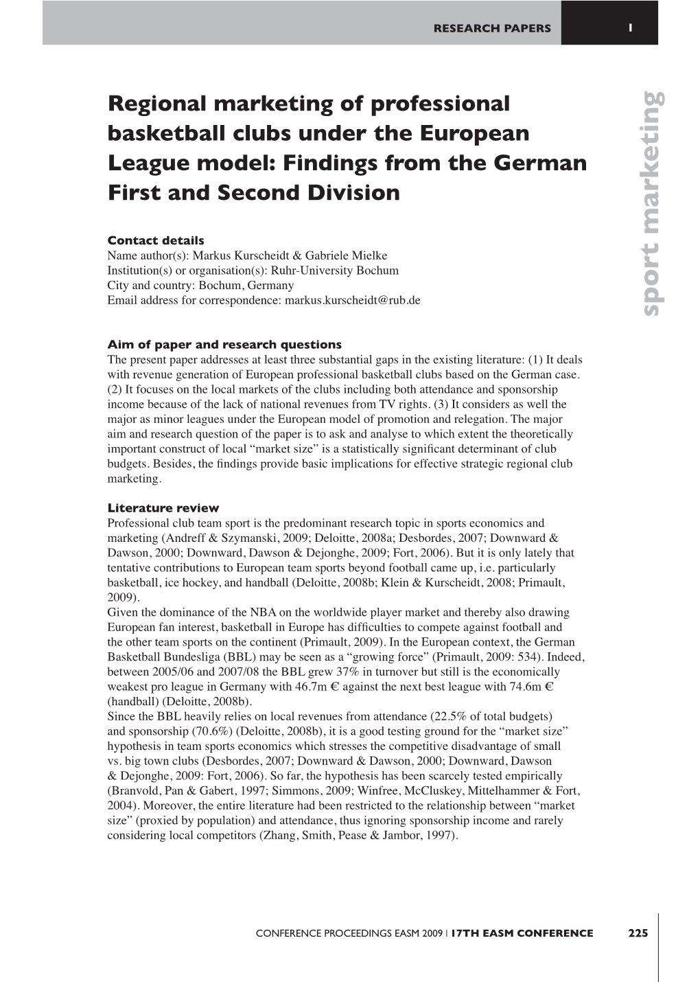 Regional Marketing of Professional Basketball Clubs Under the European League Model: Findings from the German First and Second Division