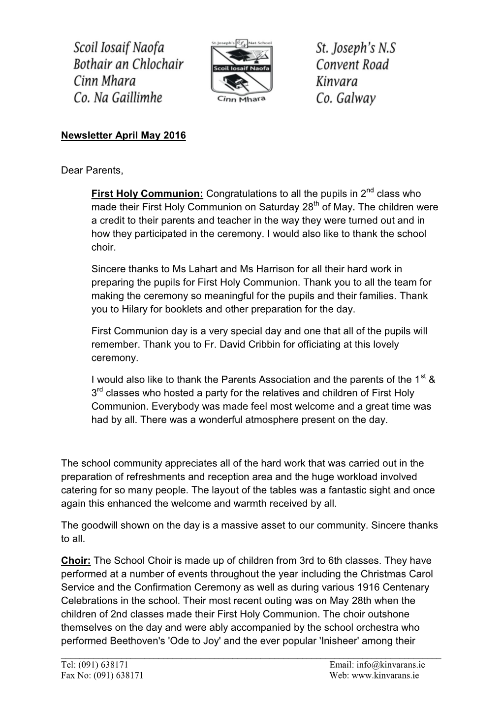 Newsletter April May 2016 Dear Parents, First Holy Communion