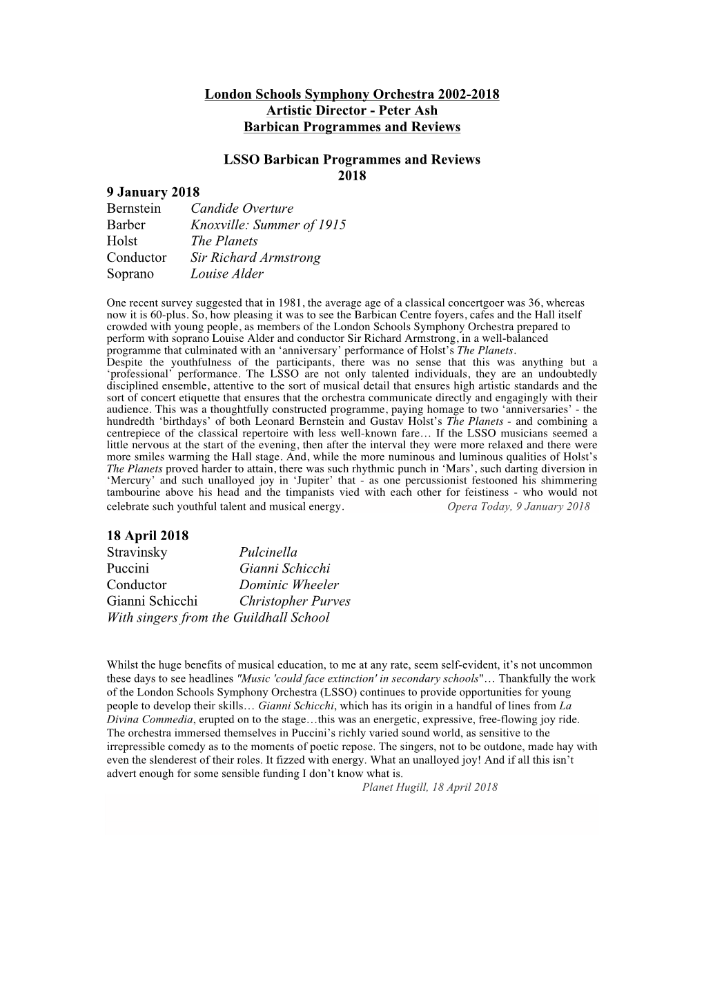 London Schools Symphony Orchestra 2002-2018 Artistic Director - Peter Ash Barbican Programmes and Reviews