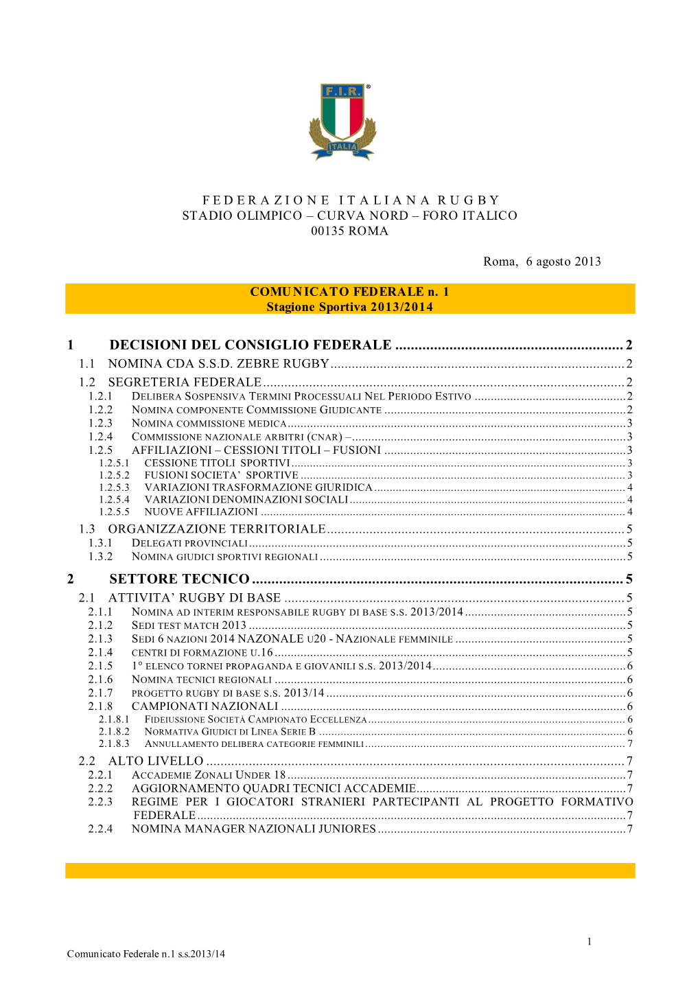 1 Decisioni Del Consiglio Federale