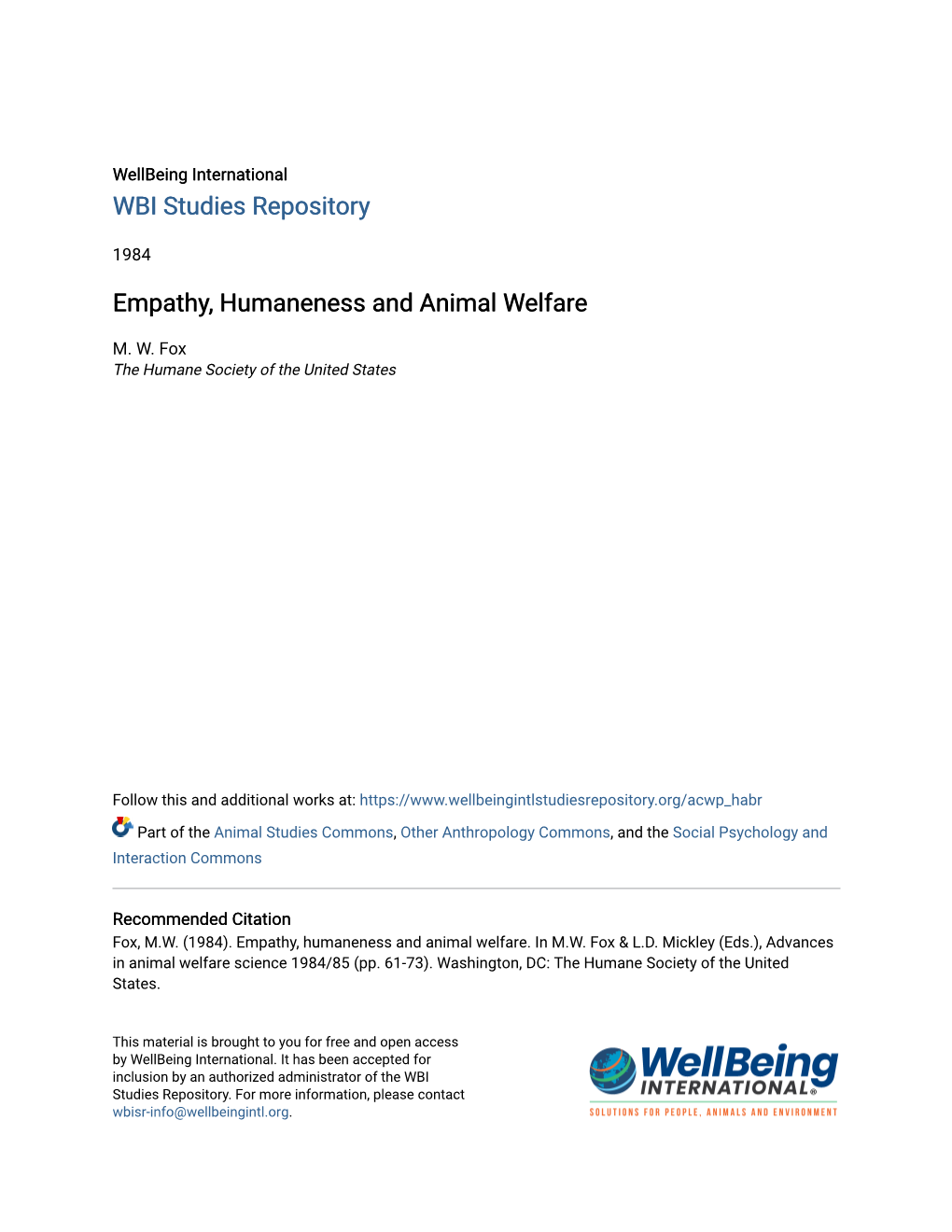 Empathy, Humaneness and Animal Welfare