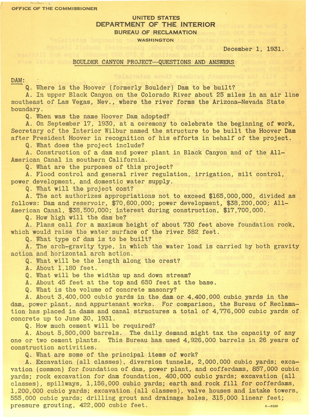 December 1, 1931. BOULDER CANYON PROJECT--QUESTIONS and ANSWERS