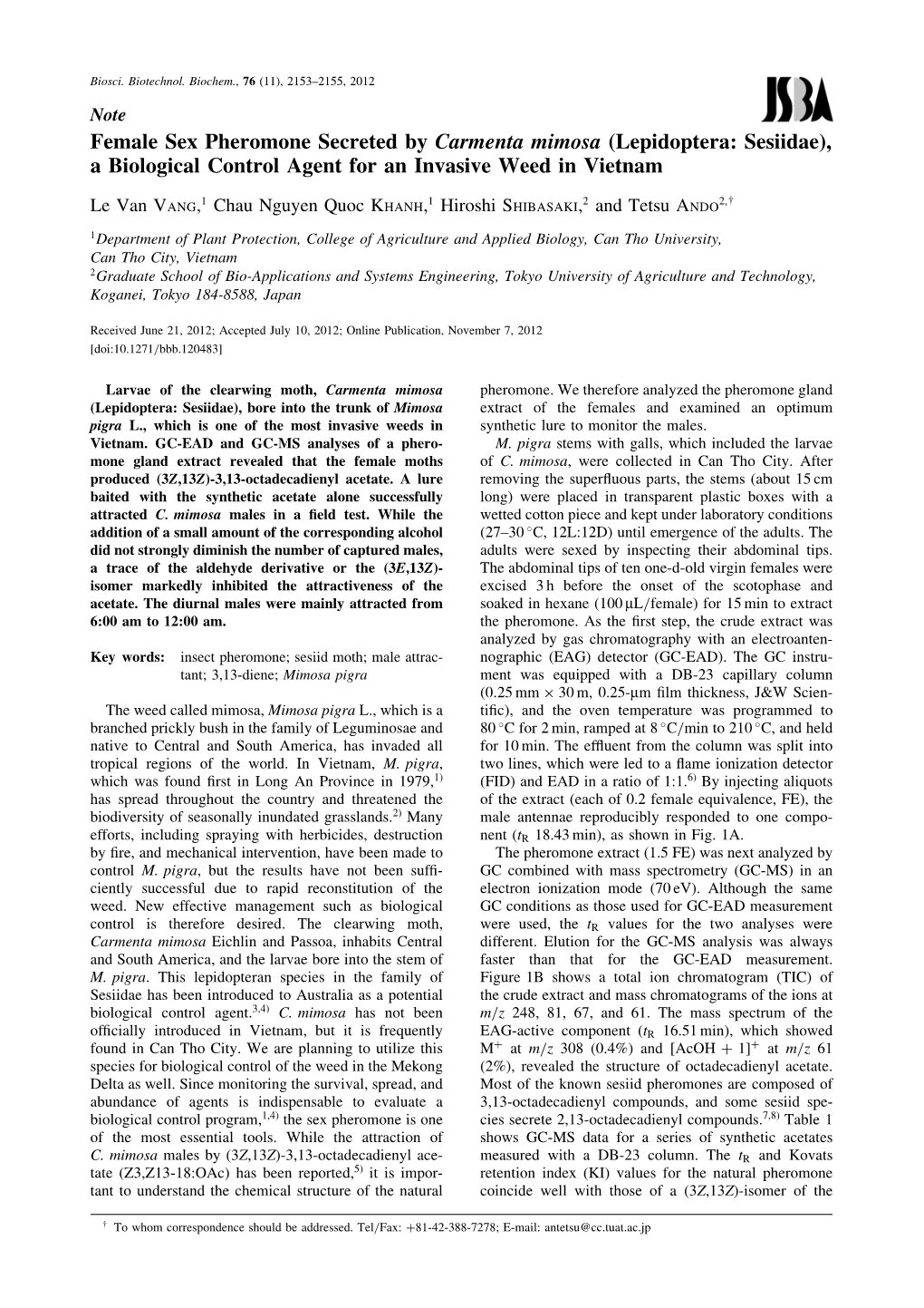 Female Sex Pheromone Secreted by Carmenta Mimosa (Lepidoptera: Sesiidae), a Biological Control Agent for an Invasive Weed in Vietnam