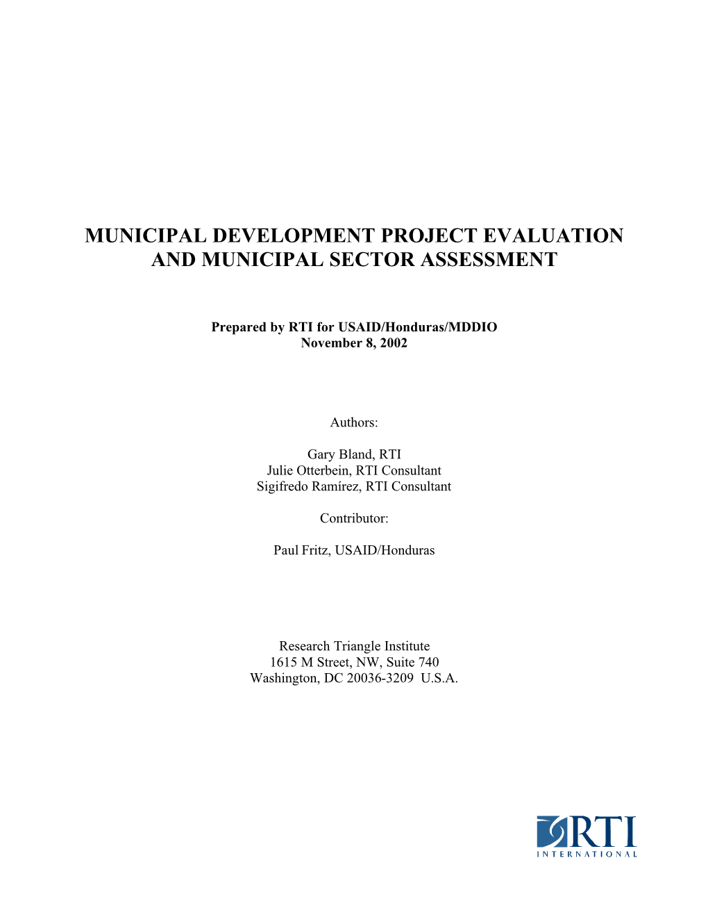 Municipal Development Project Evaluation and Municipal Sector Assessment