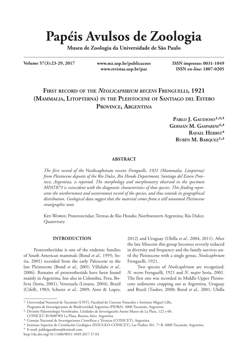 First Record of the Neolicaphrium Recens Frenguelli, 1921 (Mammalia, Litopterna) in the Pleistocene of Santiago Del Estero Province, Argentina