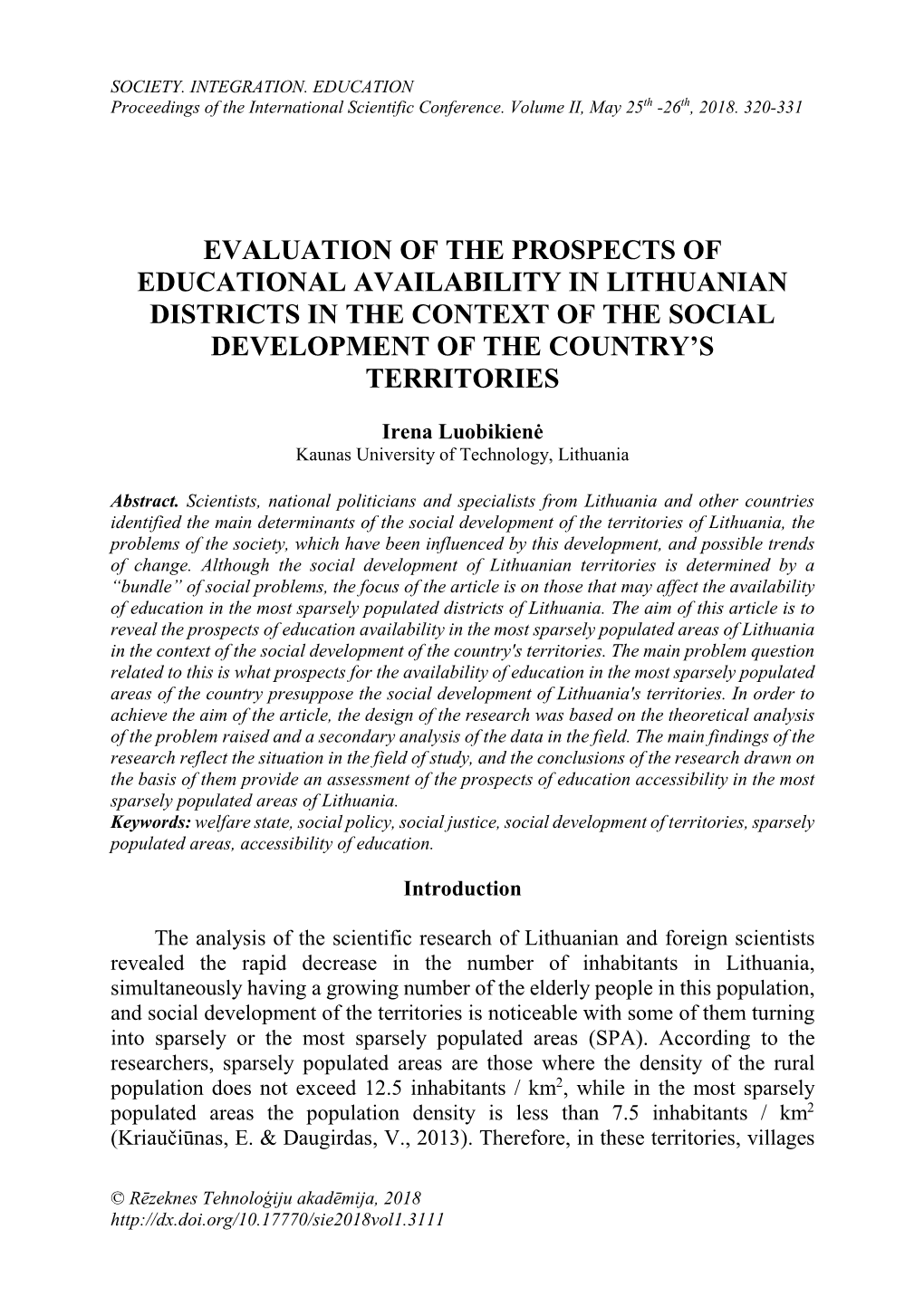 Evaluation of the Prospects of Educational Availability in Lithuanian Districts in the Context of the Social Development of the Country’S Territories