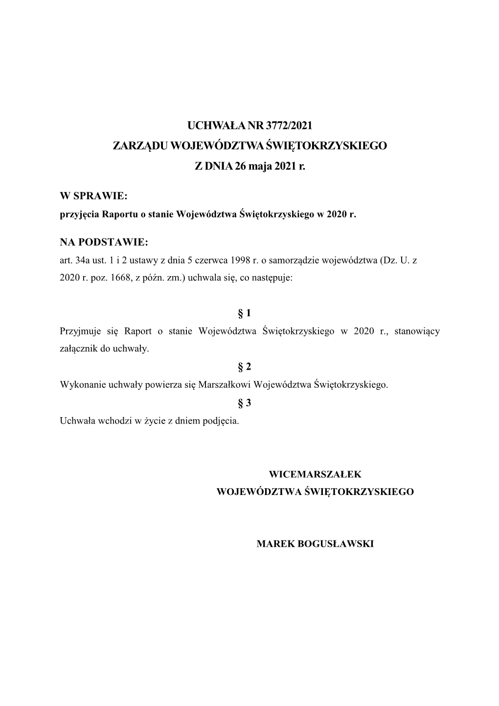 UCHWAŁA NR 3772/2021 ZARZĄDU WOJEWÓDZTWA ŚWIĘTOKRZYSKIEGO Z DNIA 26 Maja 2021 R