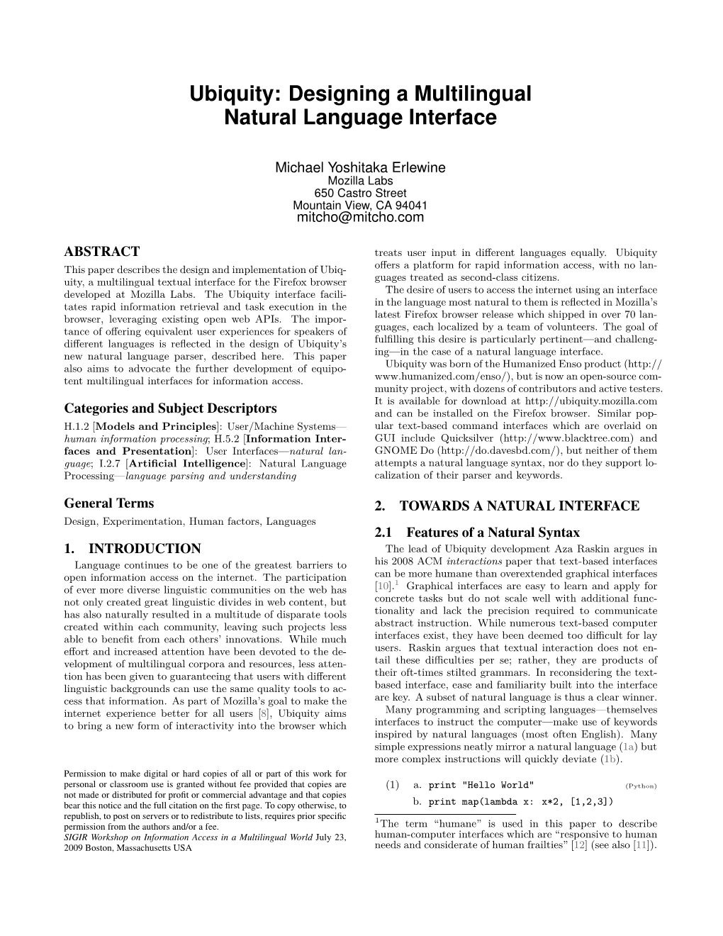 Ubiquity: Designing a Multilingual Natural Language Interface