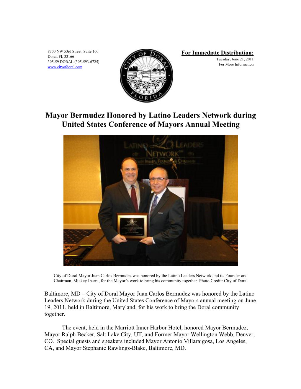 Mayor Bermudez Honored by Latino Leaders Network During United States Conference of Mayors Annual Meeting