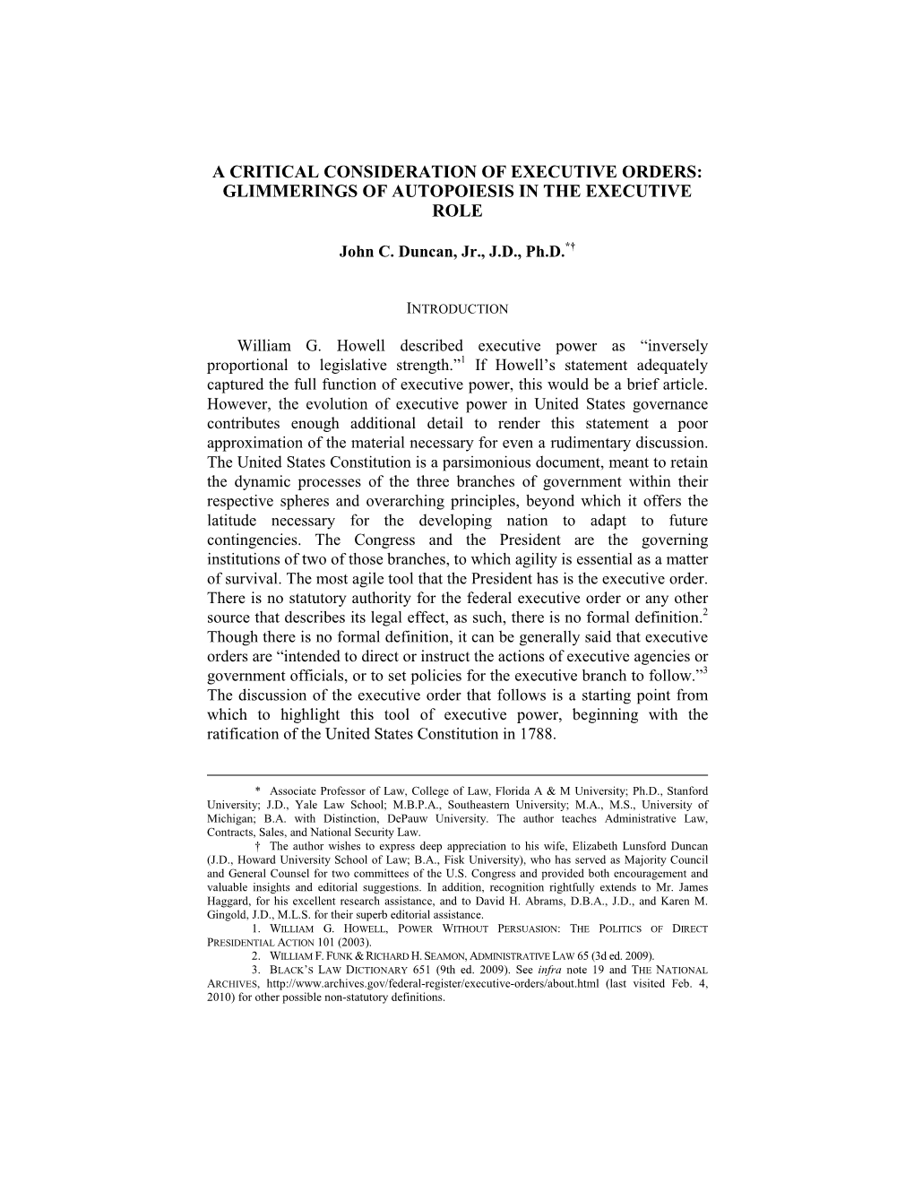 A Critical Consideration of Executive Orders: Glimmerings of Autopoiesis in the Executive Role