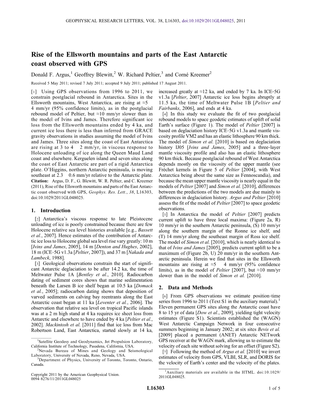 Rise of the Ellsworth Mountains and Parts of the East Antarctic Coast Observed with GPS Donald F