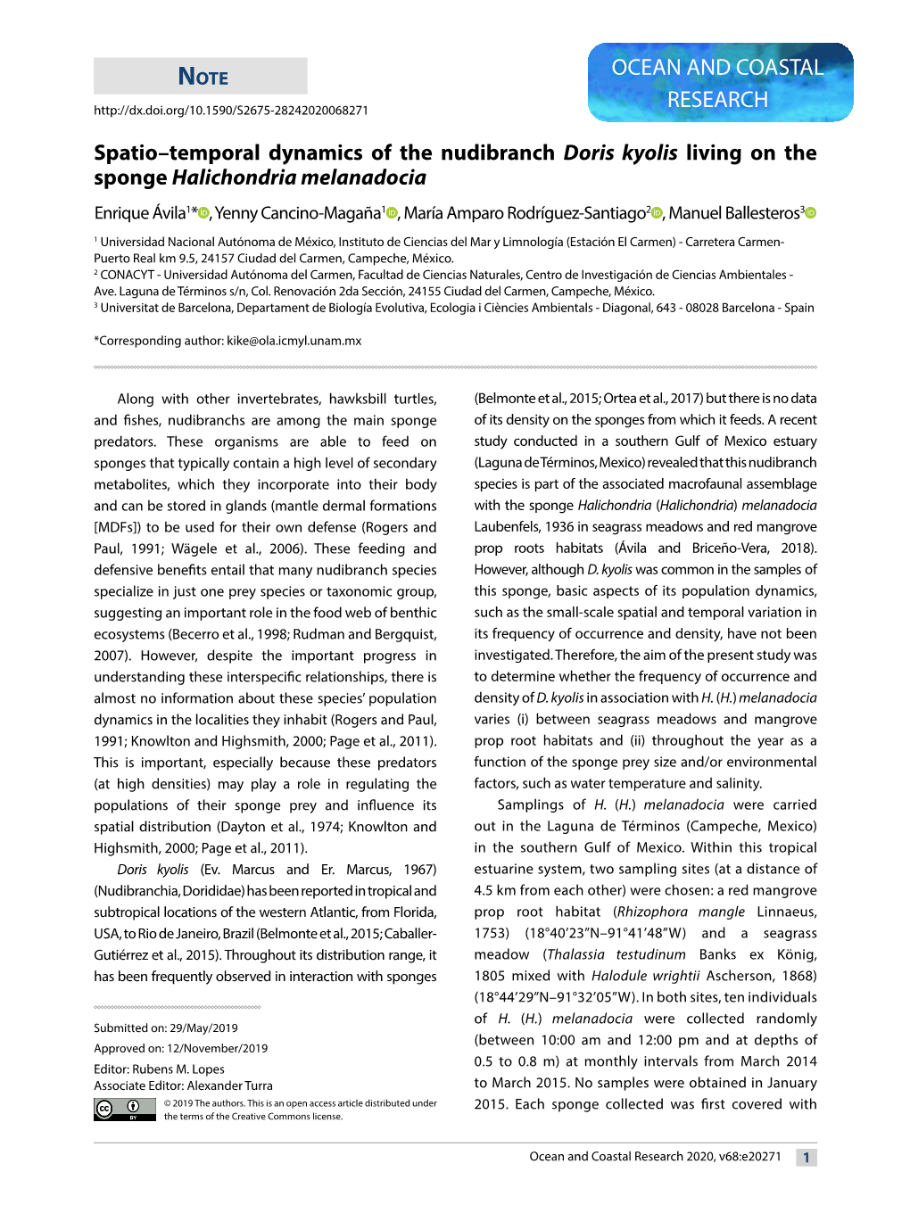 Ocean and Coastal Research 2020, V68:E20271 1 Population Dynamics of a Sponge Predator