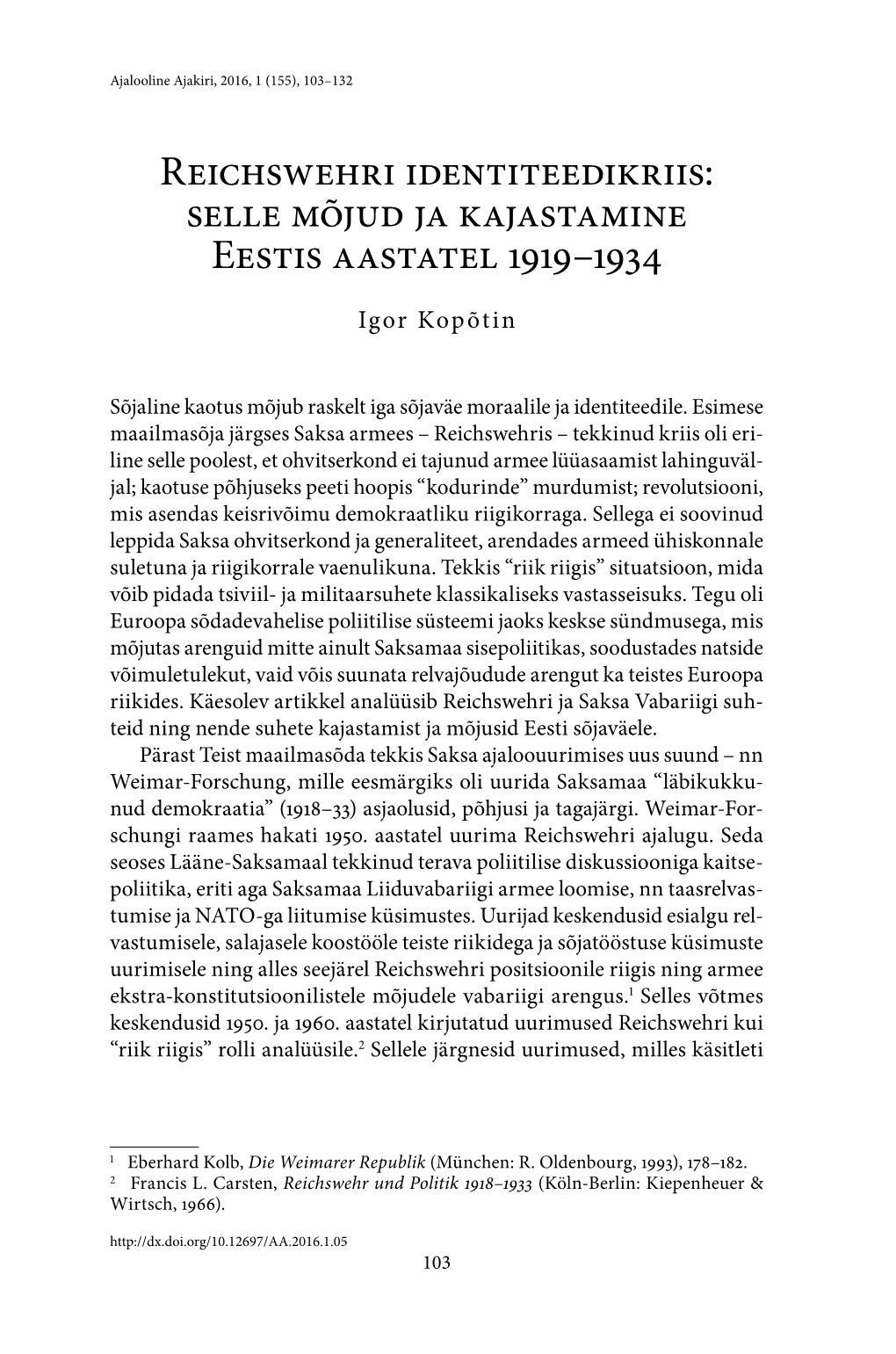 Reichswehri Identiteedikriis: Selle Mõjud Ja Kajastamine Eestis Aastatel 1919–1934