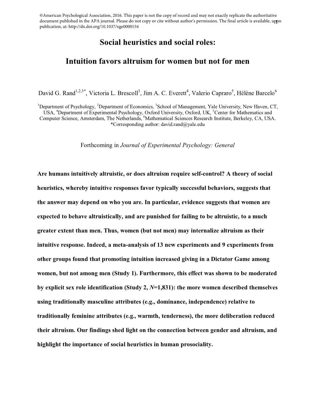 Intuition Favors Altruism for Women but Not for Men