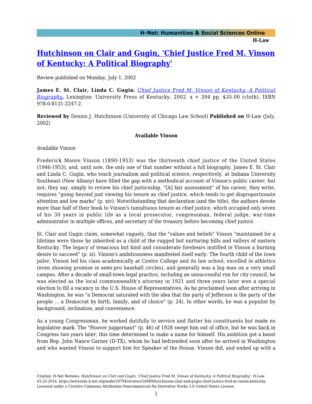 Chief Justice Fred M. Vinson of Kentucky: a Political Biography'