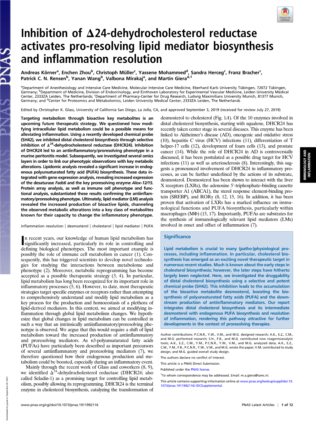 Inhibition of Δ24-Dehydrocholesterol Reductase Activates Pro-Resolving Lipid Mediator Biosynthesis and Inflammation Resolution