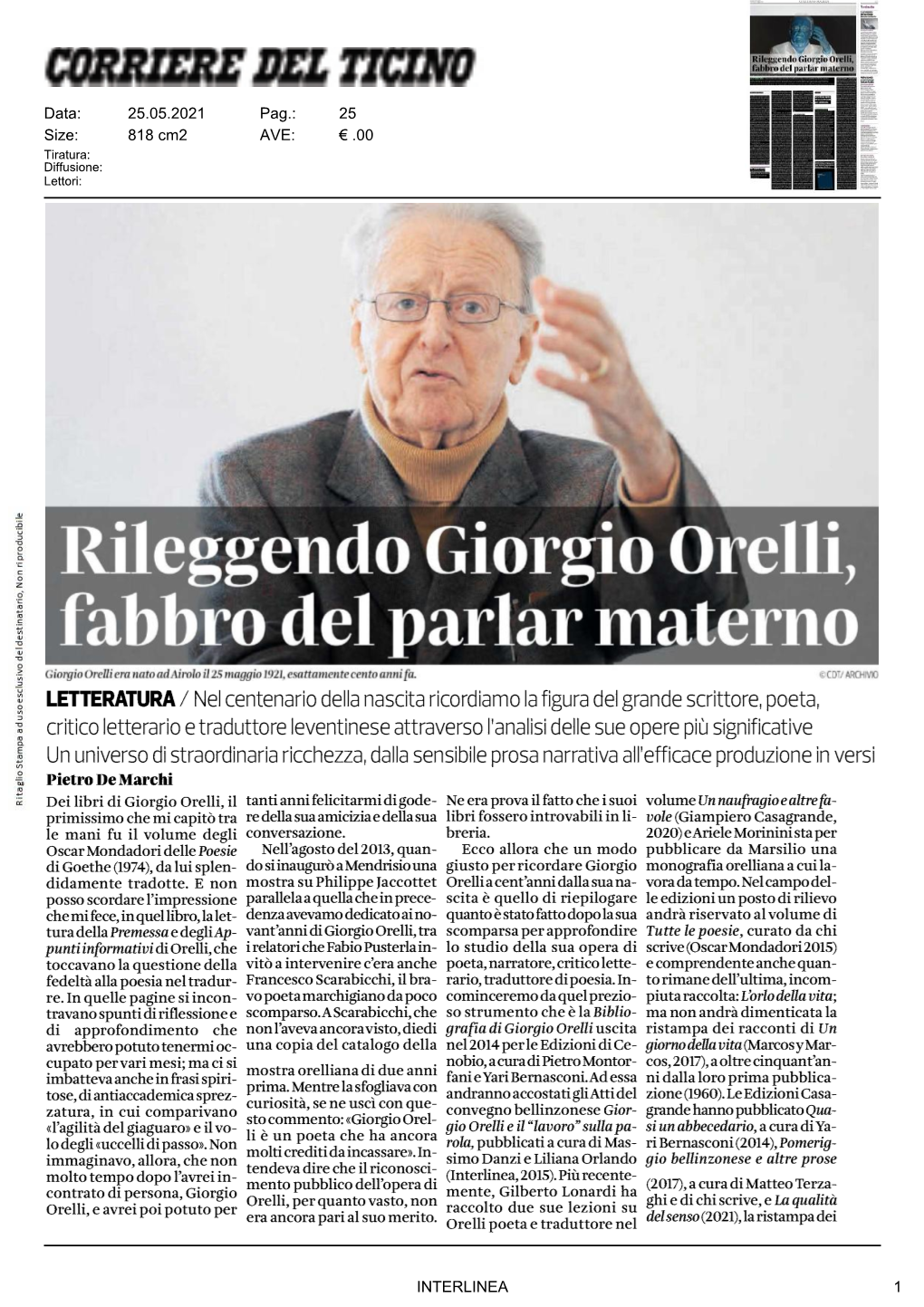 Rileggendo Giorgio Orelli, Fabbro Del Parlar Materno