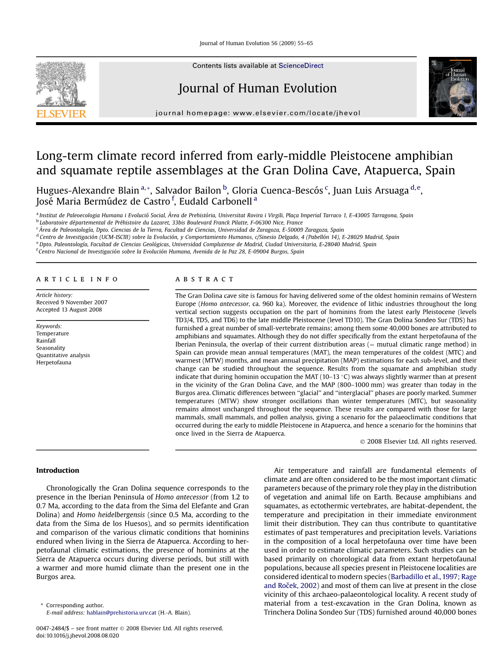 Long-Term Climate Record Inferred from Early-Middle Pleistocene Amphibian and Squamate Reptile Assemblages at the Gran Dolina Cave, Atapuerca, Spain