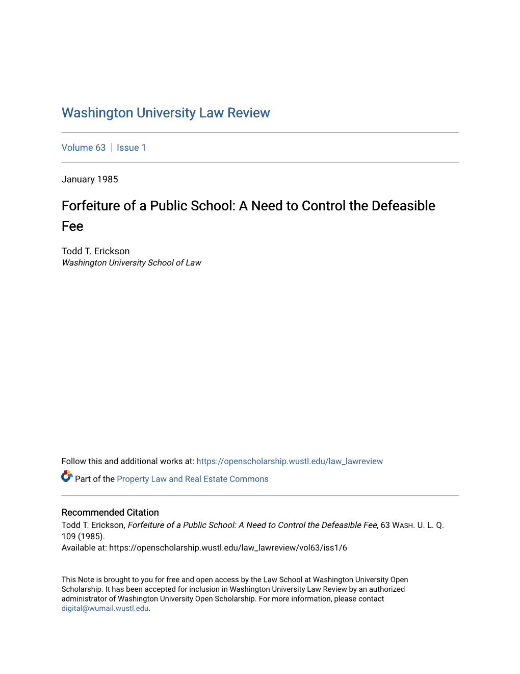 Forfeiture of a Public School: a Need to Control the Defeasible Fee