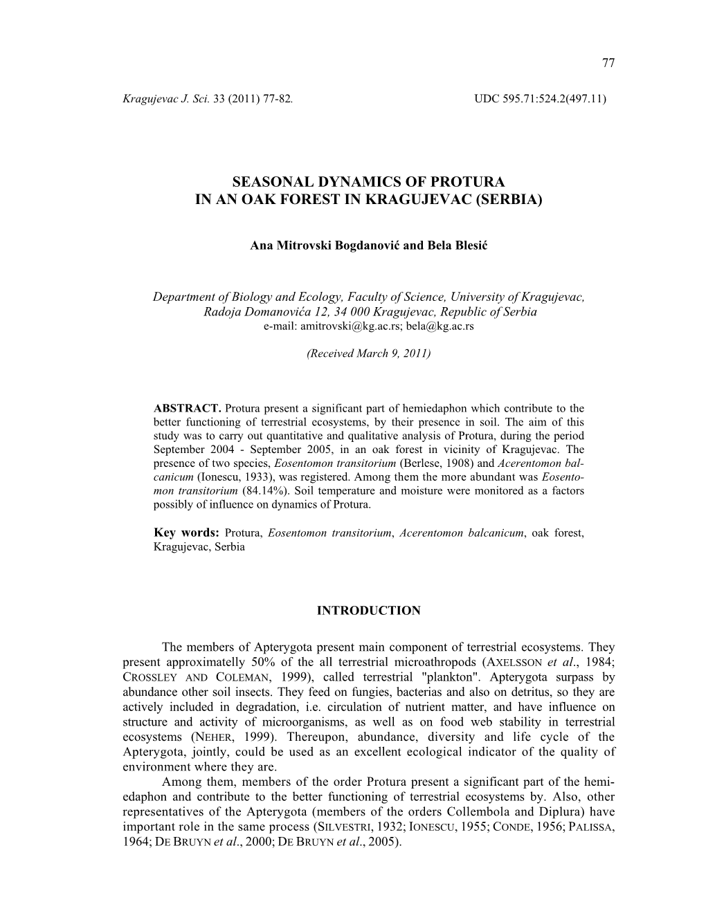 Seasonal Dynamics of Protura in an Oak Forest in Kragujevac (Serbia)