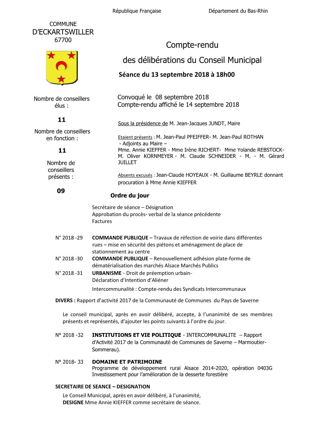Compte-Rendu Des Délibérations Du Conseil Municipal Séance Du 13 Septembre 2018 À 18H00