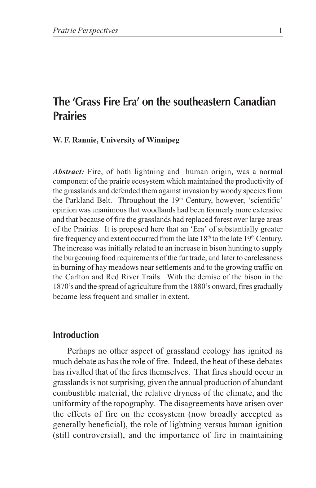 The 'Grass Fire Era' on the Southeastern Canadian Prairies