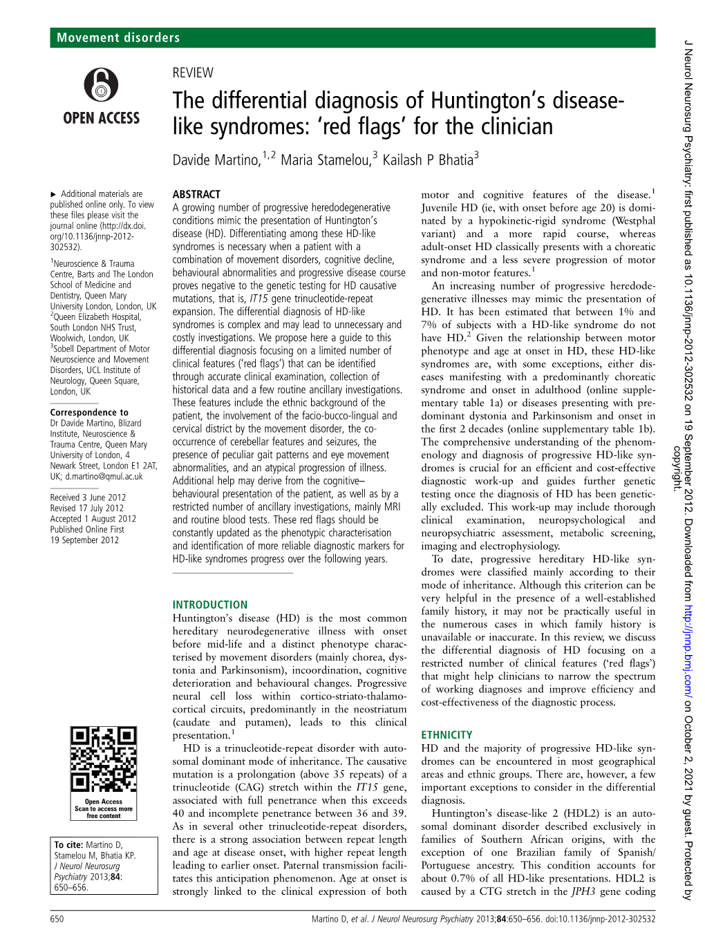 The Differential Diagnosis of Huntington's Disease- Like Syndromes