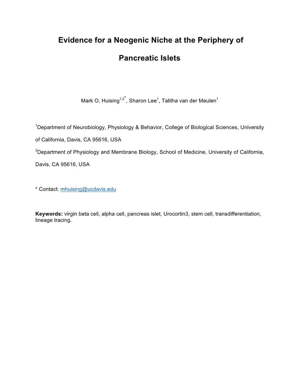 Evidence for a Neogenic Niche at the Periphery of Pancreatic Islets