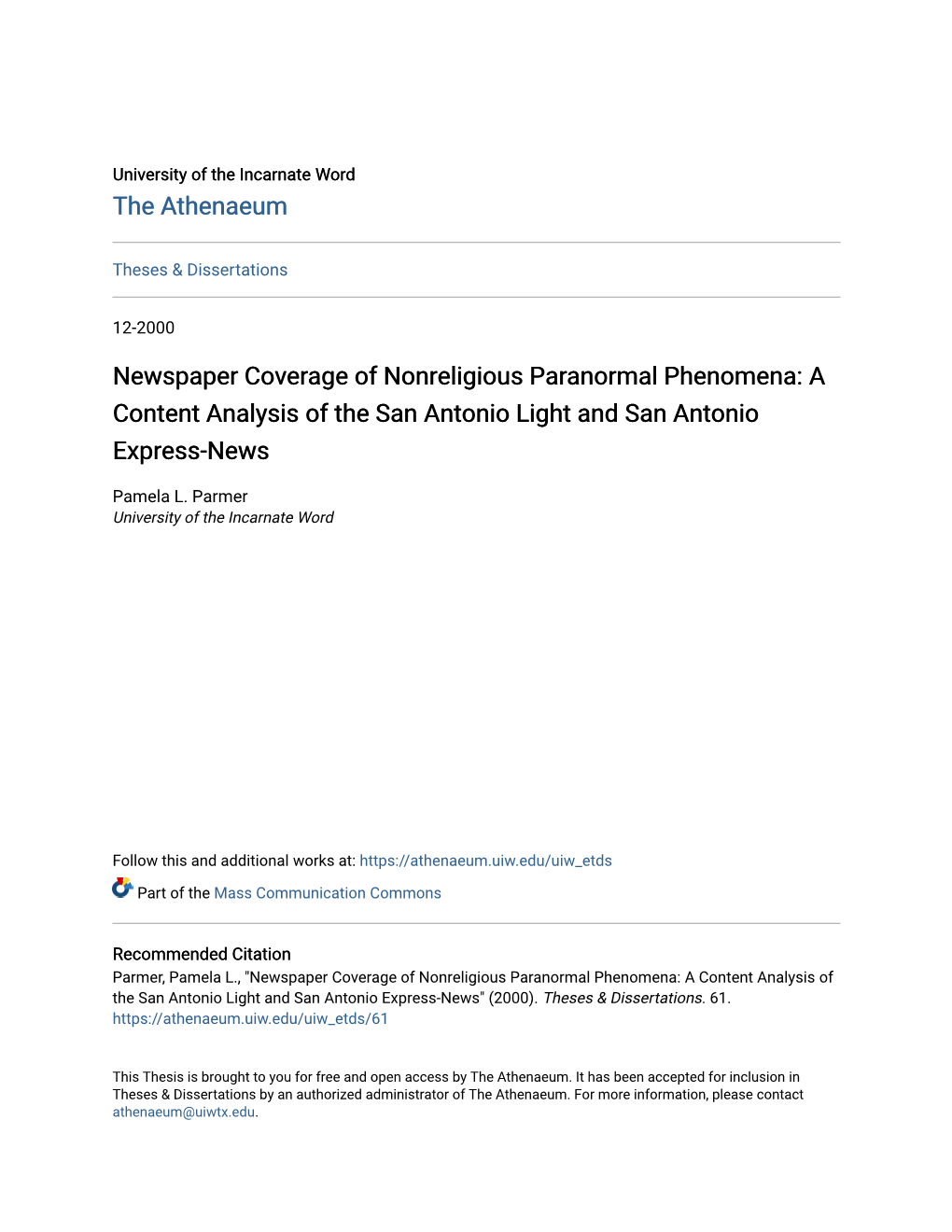 Newspaper Coverage of Nonreligious Paranormal Phenomena: a Content Analysis of the San Antonio Light and San Antonio Express-News