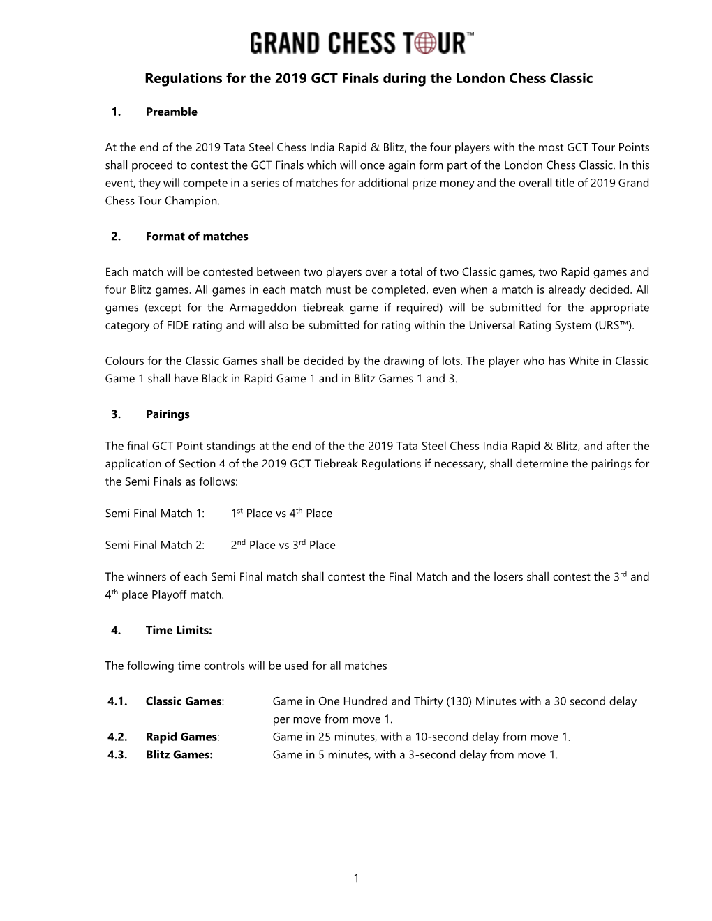 Regulations for the 2019 GCT Finals During the London Chess Classic