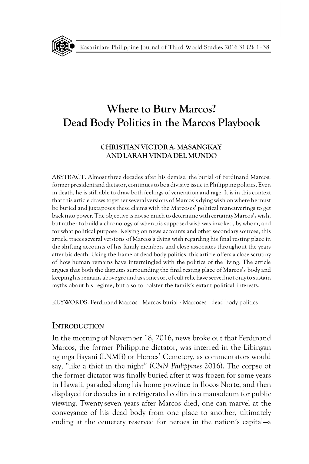 Where to Bury Marcos? Dead Body Politics in the Marcos Playbook