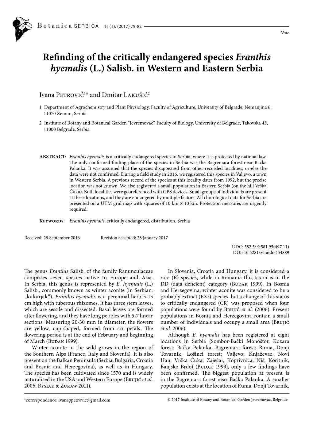 Refinding of the Critically Endangered Species Eranthis Hyemalis (L.) Salisb