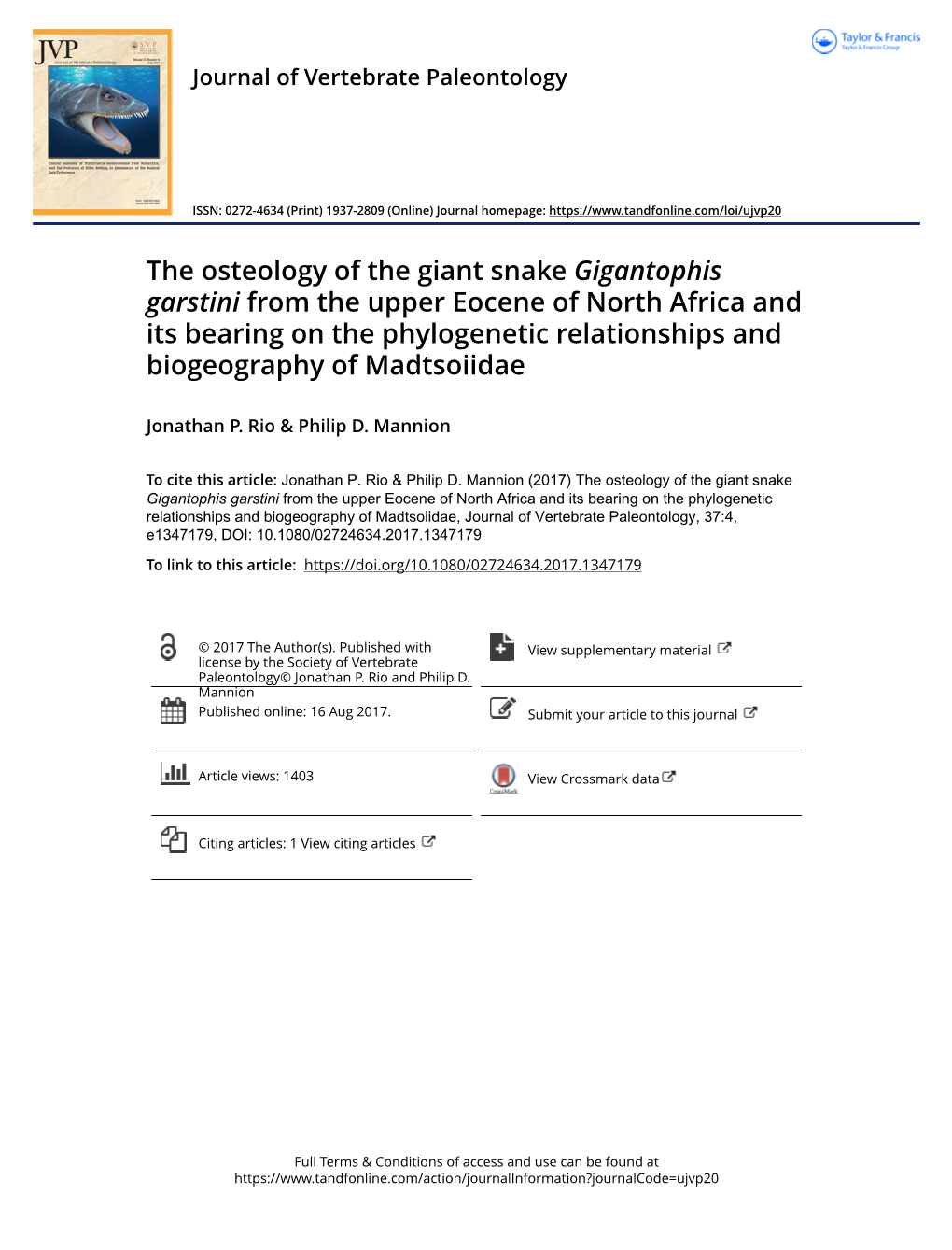 The Osteology of the Giant Snake Gigantophis Garstini from the Upper