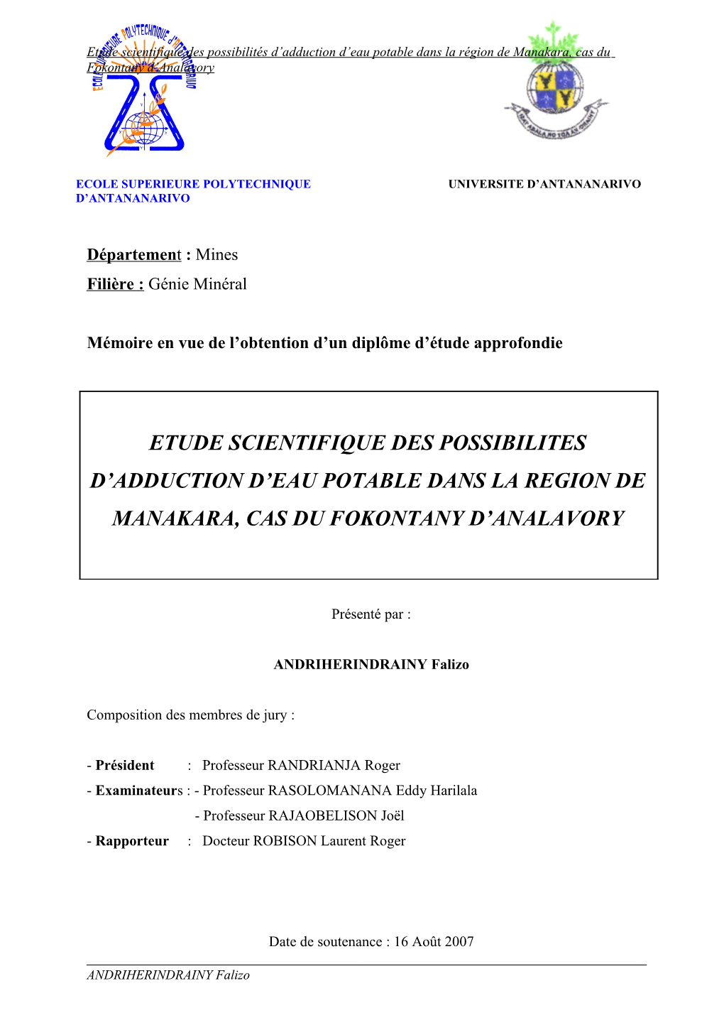 Etude Scientifique Des Possibilites D'adduction D