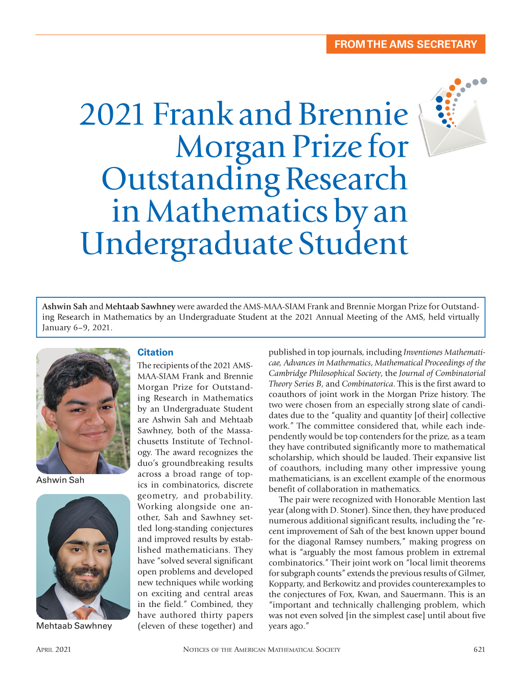 2021 Frank and Brennie Morgan Prize for Outstanding Research in Mathematics by an Undergraduate Student