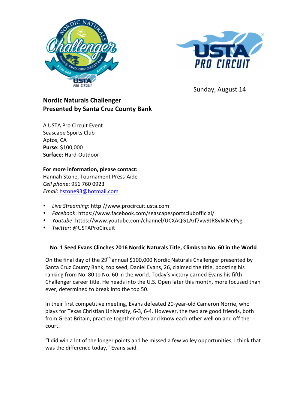 Nordic Naturals Challenger Presented by Santa Cruz County Bank Sunday, August