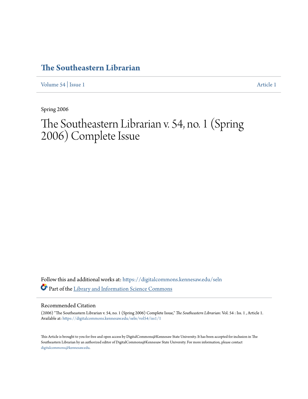 The Southeastern Librarian V. 54, No. 1 (Spring 2006)