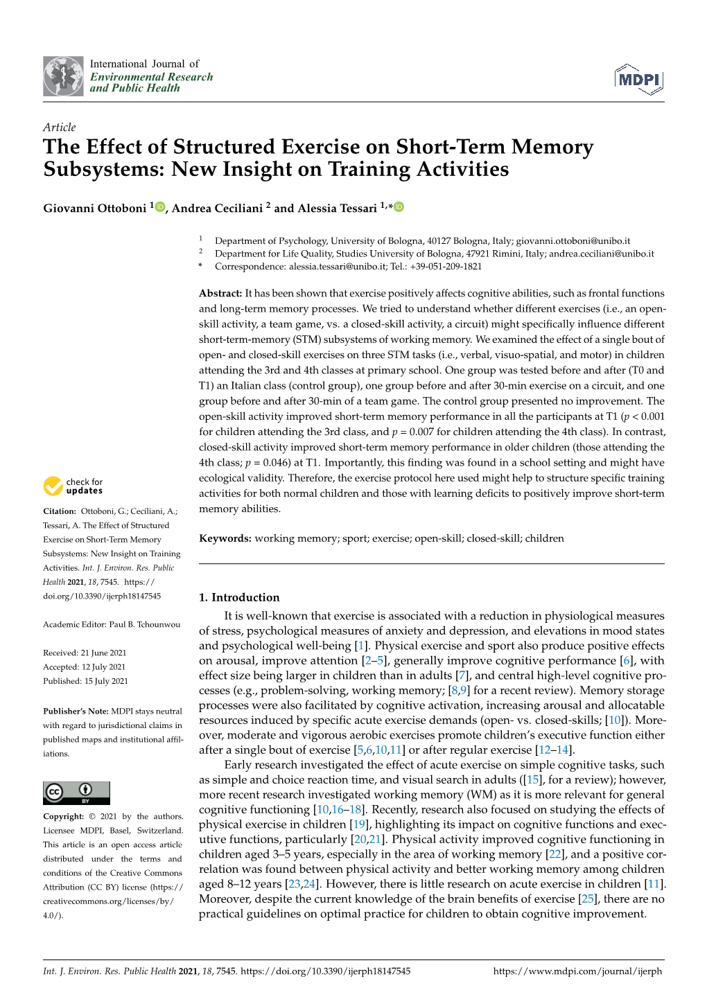 The Effect of Structured Exercise on Short-Term Memory Subsystems: New Insight on Training Activities