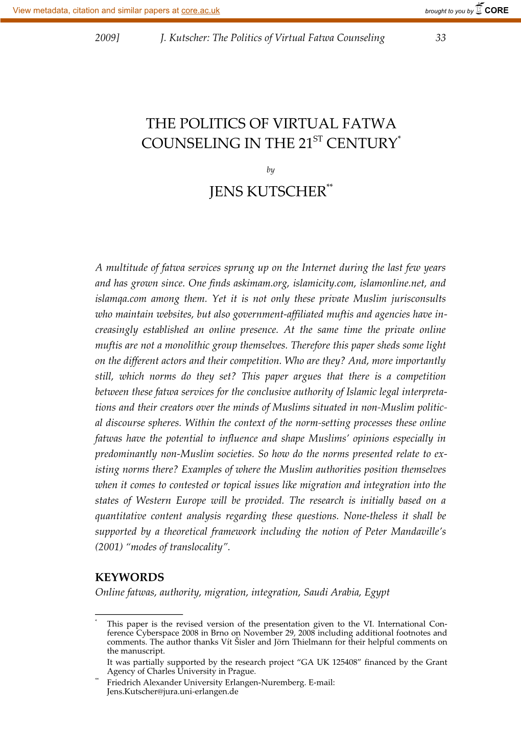J. Kutscher: the Politics of Virtual Fatwa Counseling 33