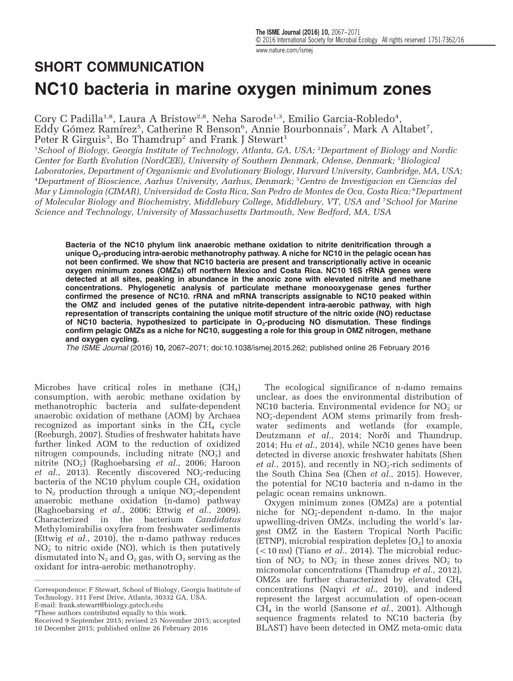 NC10 Bacteria in Marine Oxygen Minimum Zones