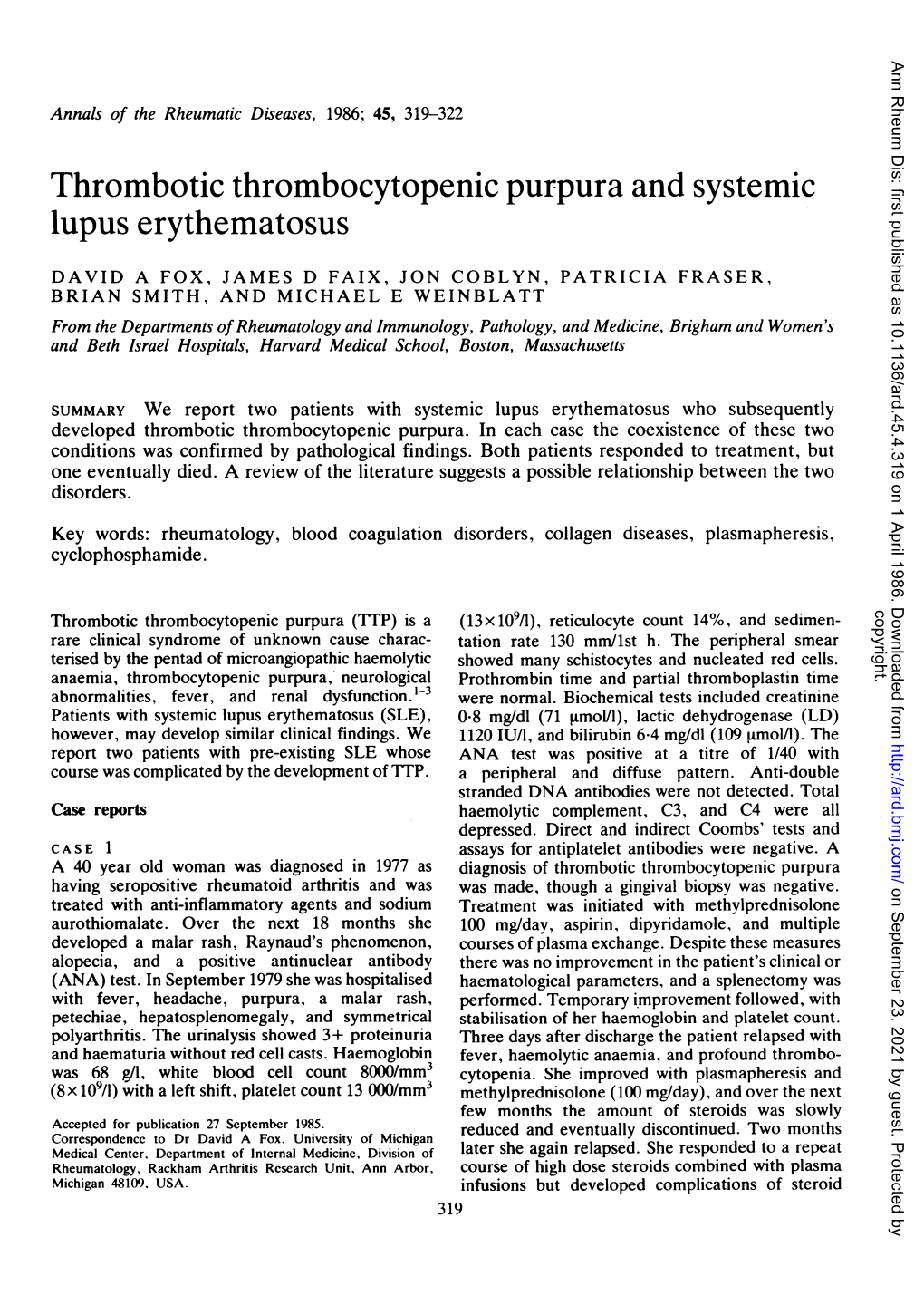 Thrombotic Thrombocytopenic Purpura and Systemic Lupus Erythematosus